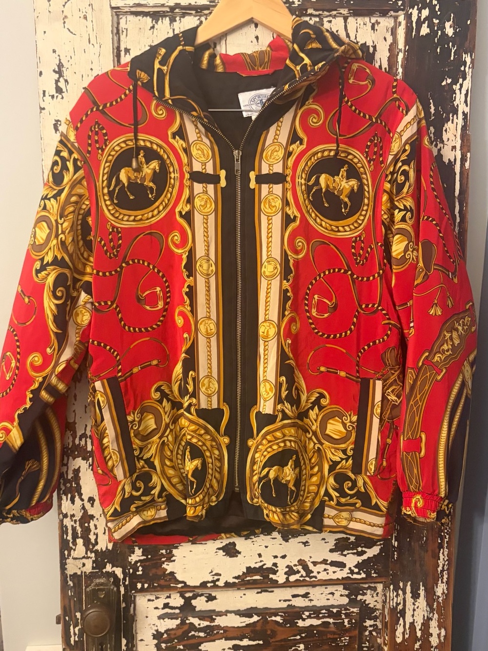 Vintage equestrian Bold Red & Gold Printed Hooded Jacket. Size small
